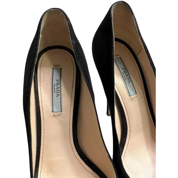 Prada Camoscio Chic Peep Toe Black Suede Platform Heels - 7.5 US / 38 - Picture 7 of 10